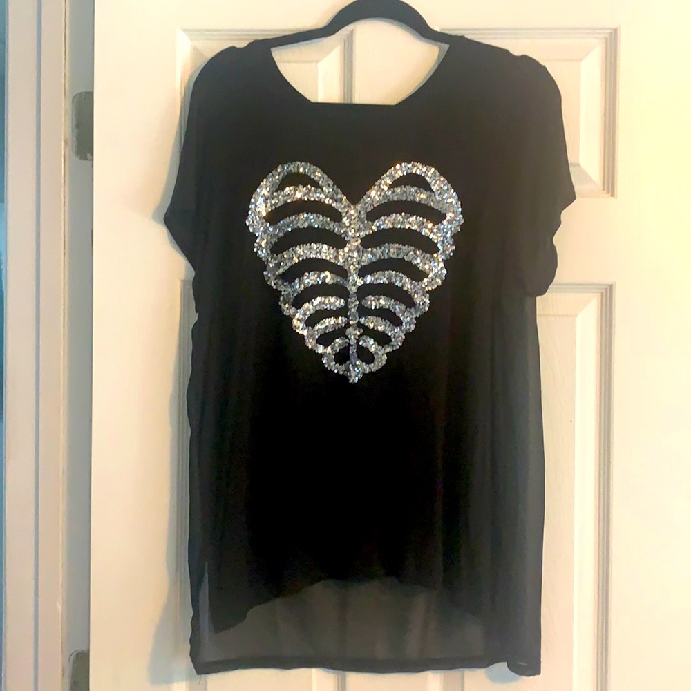 Halloween Black Heart Skull Skelton Sequined Top